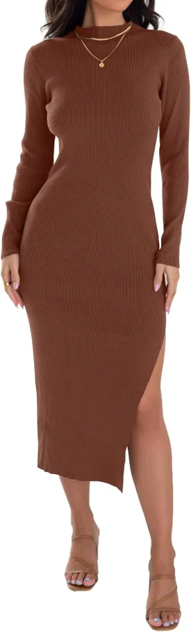 ZESICA Women's 2025 Ribbed Knit Dress Long Sleeve Mock Neck Slim Fit Side Slit Spring Elegant Sweater Dresses