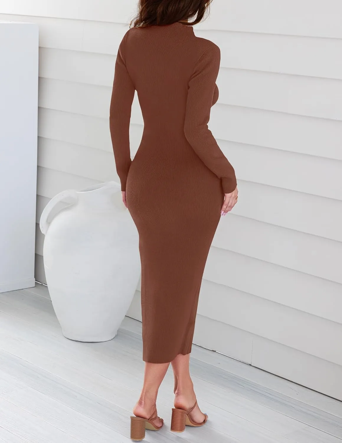 ZESICA Women's 2025 Ribbed Knit Dress Long Sleeve Mock Neck Slim Fit Side Slit Spring Elegant Sweater Dresses