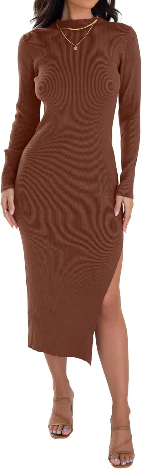 ZESICA Women's 2025 Ribbed Knit Dress Long Sleeve Mock Neck Slim Fit Side Slit Spring Elegant Sweater Dresses