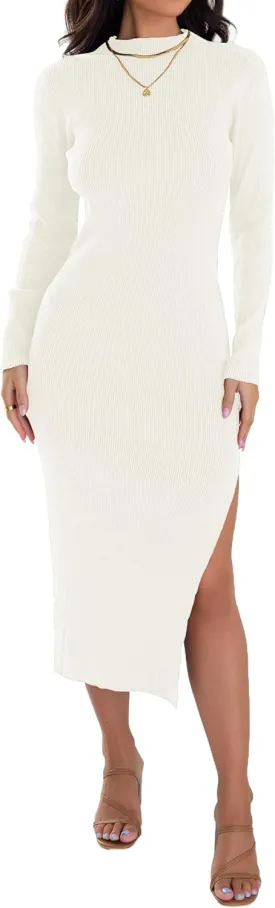 ZESICA Women's 2025 Ribbed Knit Dress Long Sleeve Mock Neck Slim Fit Side Slit Spring Elegant Sweater Dresses