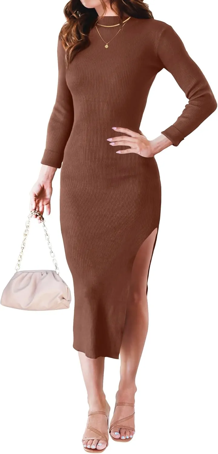 ZESICA Women's 2025 Ribbed Knit Dress Long Sleeve Mock Neck Slim Fit Side Slit Spring Elegant Sweater Dresses