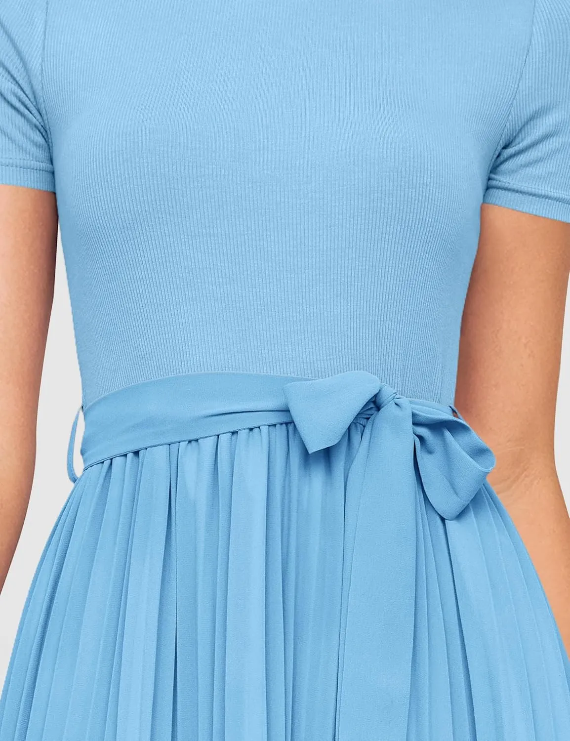 ZESICA Womens 2025 Summer Short Sleeve Midi Dresses Casual Crew Neck Knit Belted Pleated A Line Flowy Wedding Guest Dress