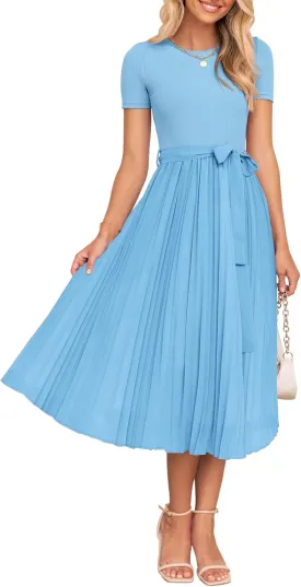 ZESICA Womens 2025 Summer Short Sleeve Midi Dresses Casual Crew Neck Knit Belted Pleated A Line Flowy Wedding Guest Dress