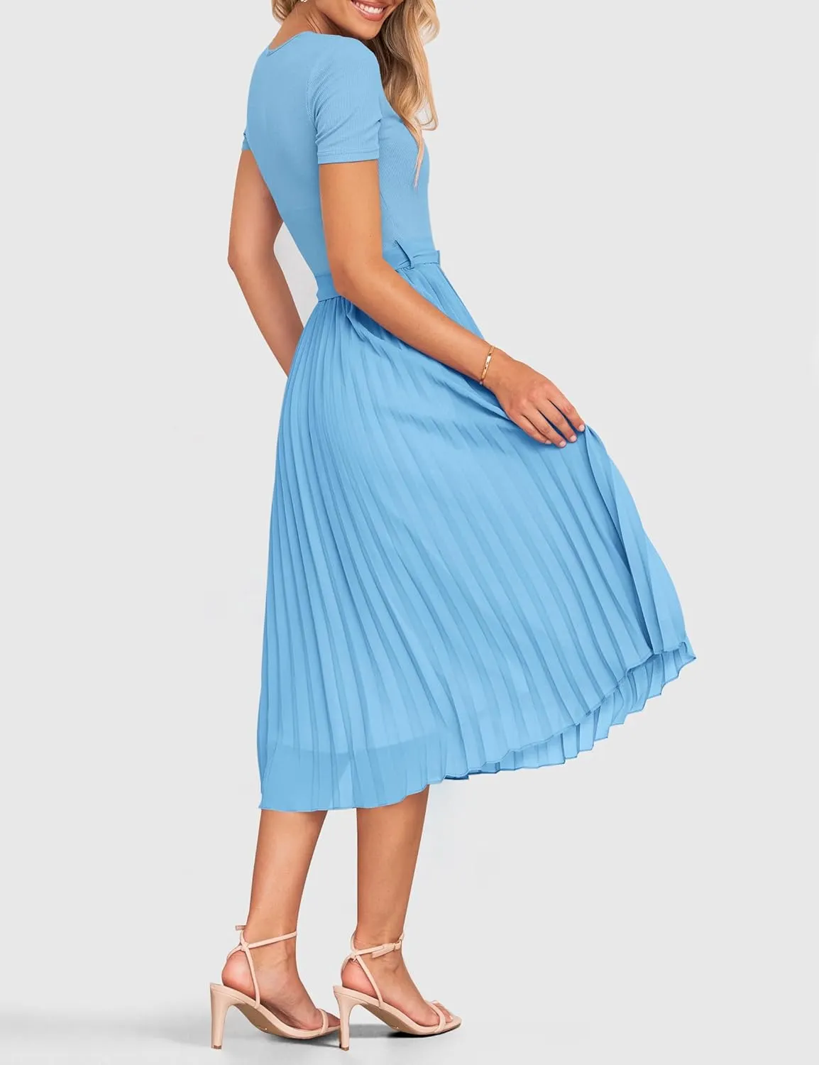 ZESICA Womens 2025 Summer Short Sleeve Midi Dresses Casual Crew Neck Knit Belted Pleated A Line Flowy Wedding Guest Dress