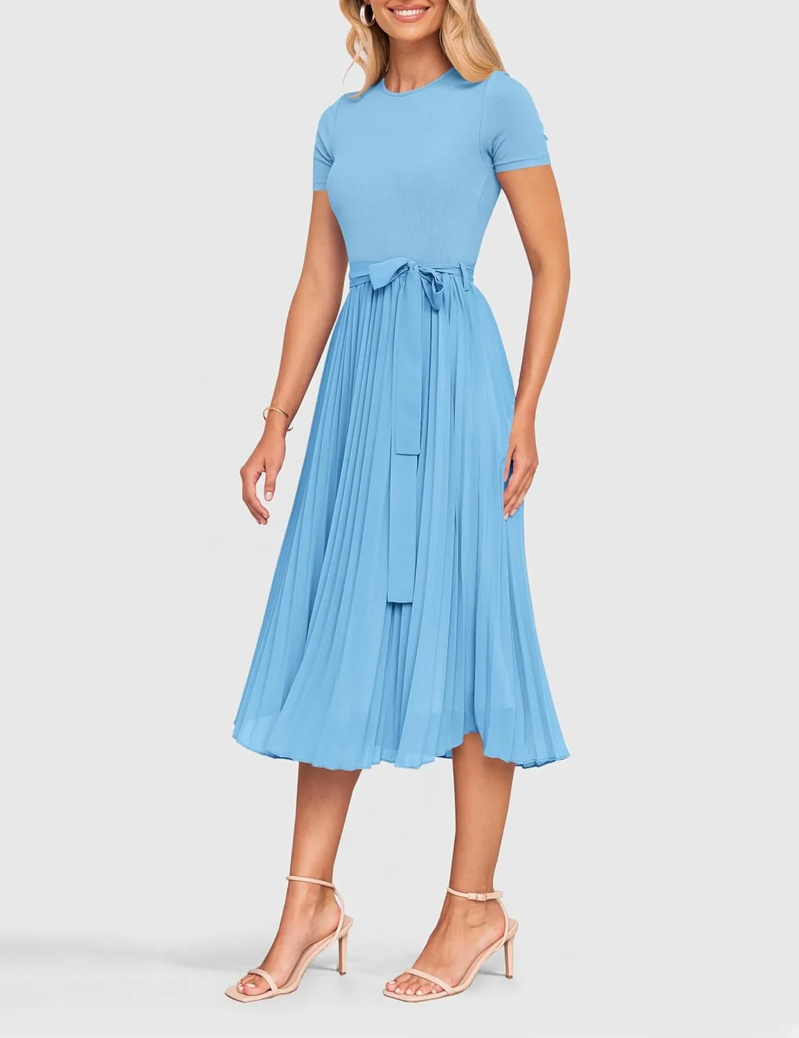 ZESICA Womens 2025 Summer Short Sleeve Midi Dresses Casual Crew Neck Knit Belted Pleated A Line Flowy Wedding Guest Dress