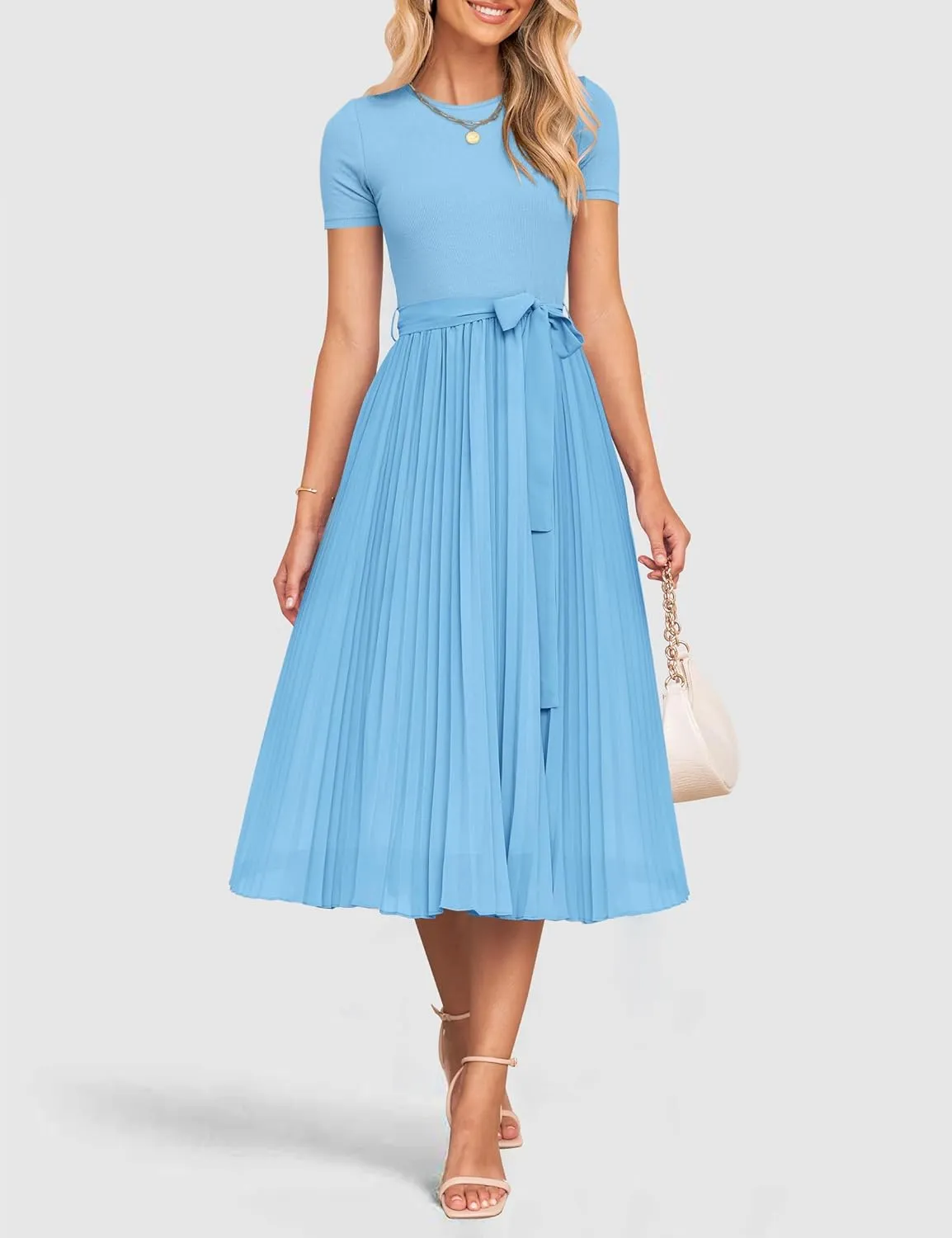 ZESICA Womens 2025 Summer Short Sleeve Midi Dresses Casual Crew Neck Knit Belted Pleated A Line Flowy Wedding Guest Dress
