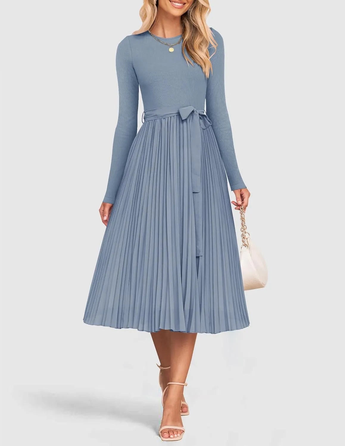ZESICA Women's Fall Long Sleeve Midi Dress Casual Crewneck Knit Belted Pleated A Line Flowy Party Dresses
