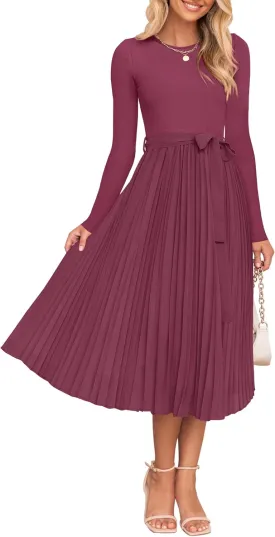 ZESICA Women's Fall Long Sleeve Midi Dress Casual Crewneck Knit Belted Pleated A Line Flowy Party Dresses