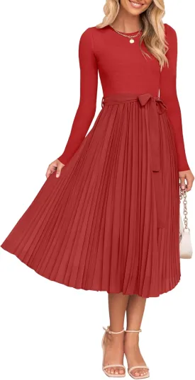 ZESICA Women's Fall Long Sleeve Midi Dress Casual Crewneck Knit Belted Pleated A Line Flowy Party Dresses
