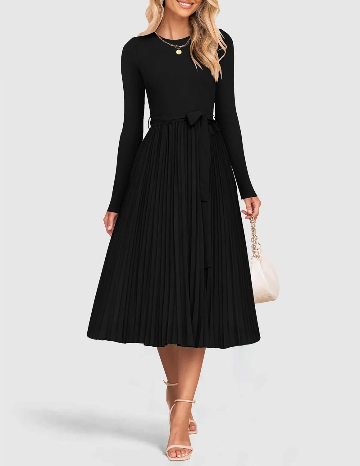 ZESICA Women's Fall Long Sleeve Midi Dress Casual Crewneck Knit Belted Pleated A Line Flowy Party Dresses