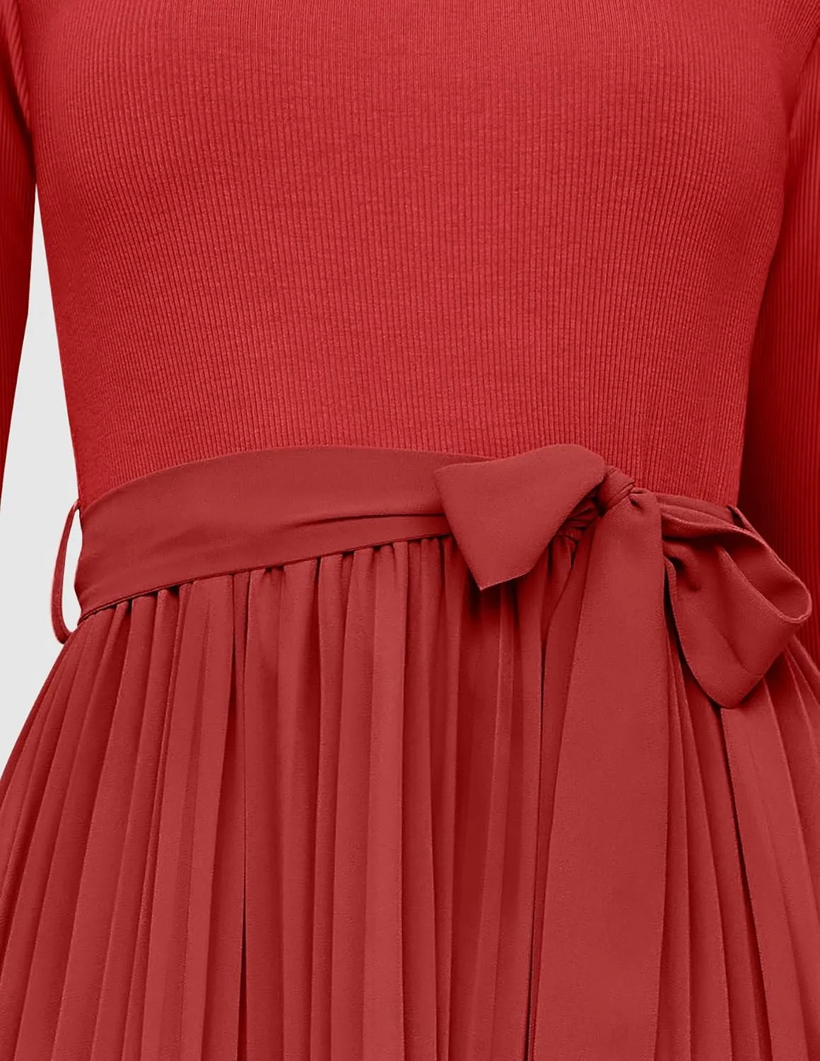 ZESICA Women's Fall Long Sleeve Midi Dress Casual Crewneck Knit Belted Pleated A Line Flowy Party Dresses