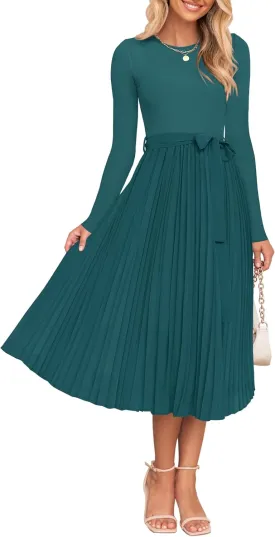 ZESICA Women's Fall Long Sleeve Midi Dress Casual Crewneck Knit Belted Pleated A Line Flowy Party Dresses