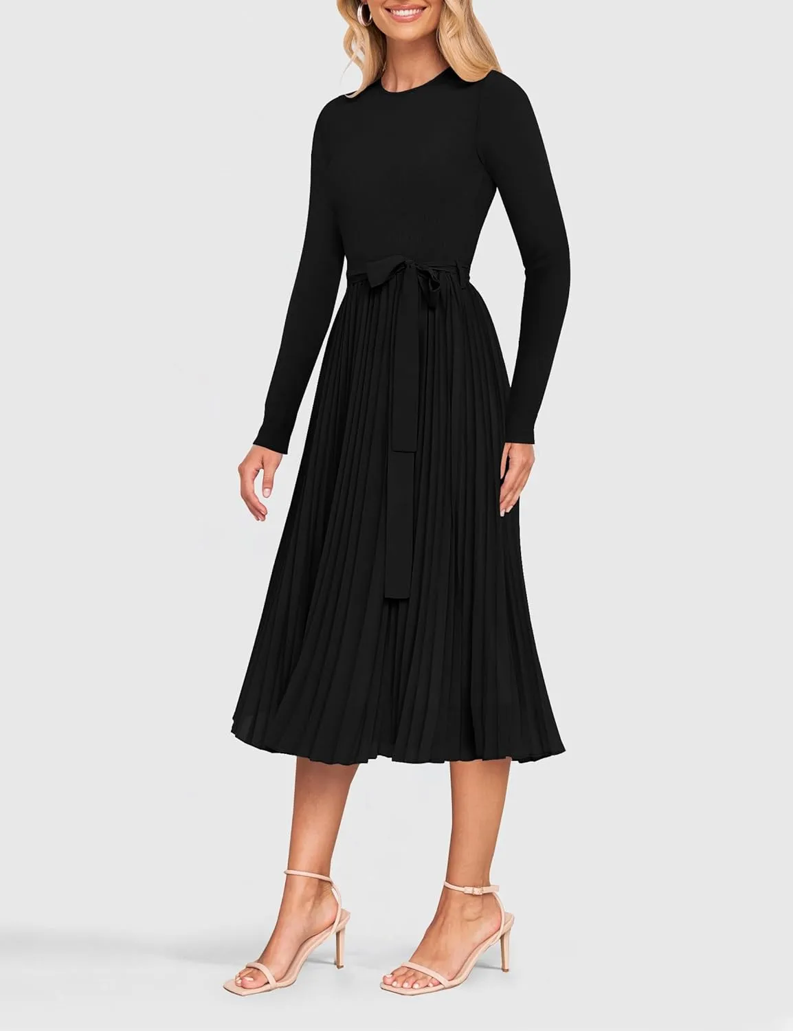 ZESICA Women's Fall Long Sleeve Midi Dress Casual Crewneck Knit Belted Pleated A Line Flowy Party Dresses