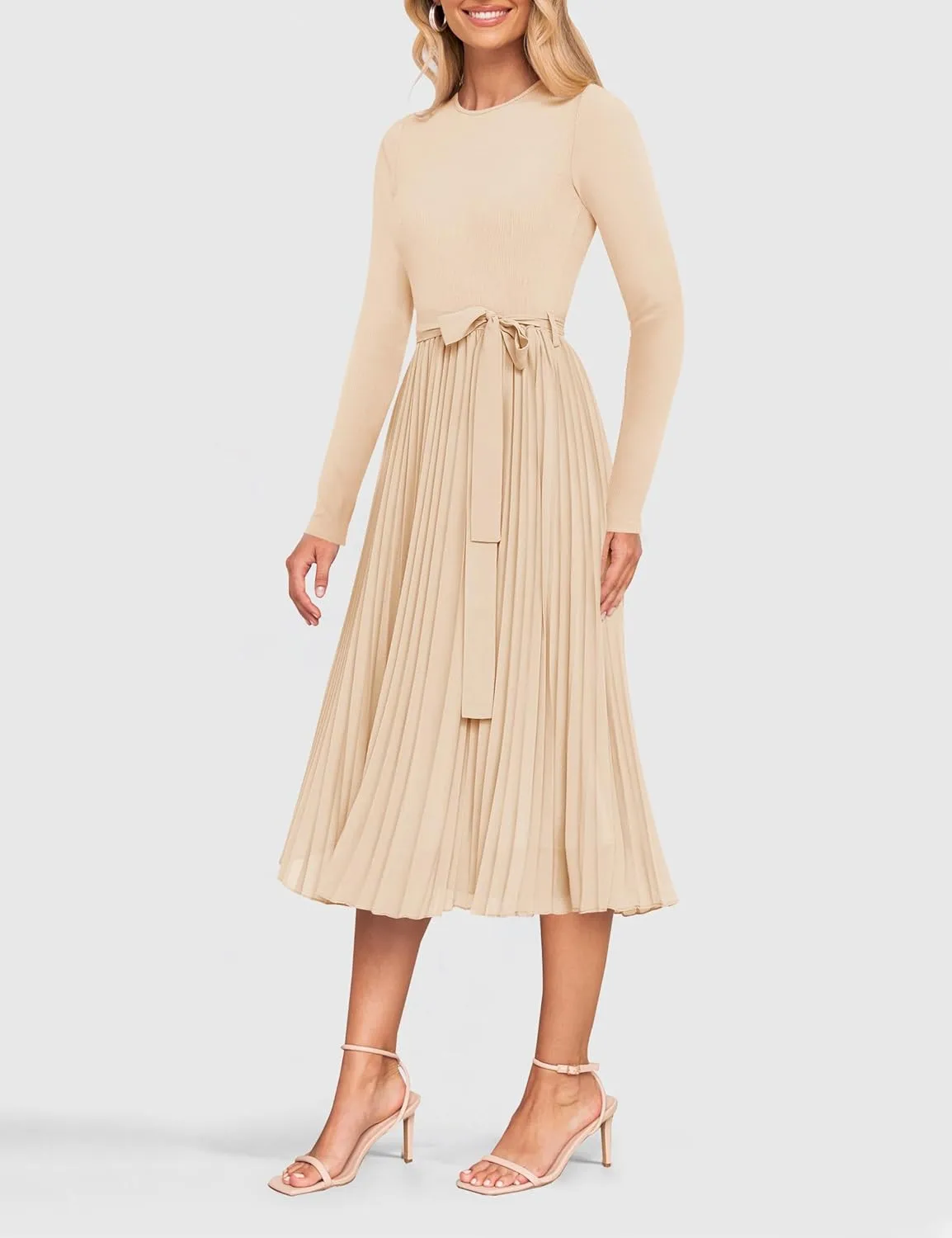 ZESICA Women's Fall Long Sleeve Midi Dress Casual Crewneck Knit Belted Pleated A Line Flowy Party Dresses
