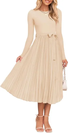 ZESICA Women's Fall Long Sleeve Midi Dress Casual Crewneck Knit Belted Pleated A Line Flowy Party Dresses