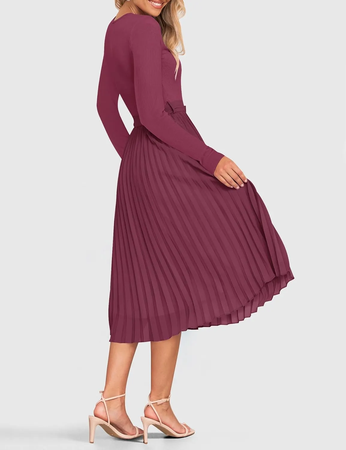 ZESICA Women's Fall Long Sleeve Midi Dress Casual Crewneck Knit Belted Pleated A Line Flowy Party Dresses