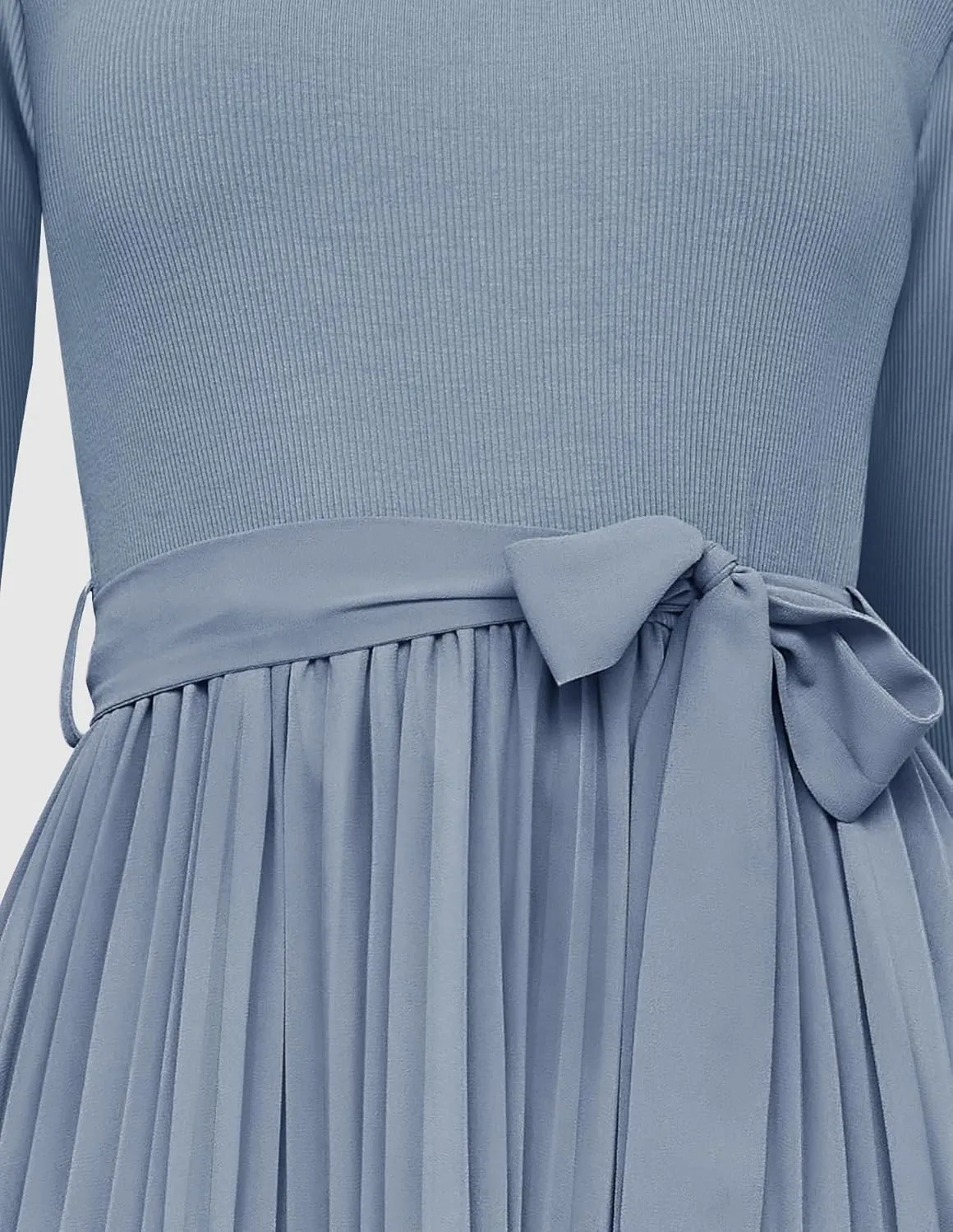 ZESICA Women's Fall Long Sleeve Midi Dress Casual Crewneck Knit Belted Pleated A Line Flowy Party Dresses