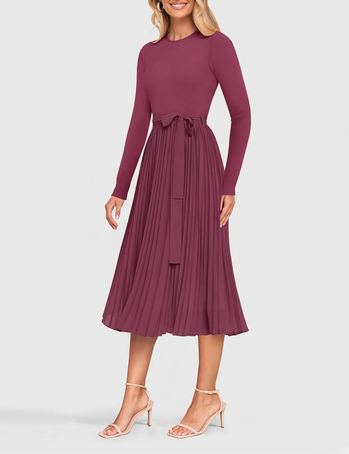 ZESICA Women's Fall Long Sleeve Midi Dress Casual Crewneck Knit Belted Pleated A Line Flowy Party Dresses