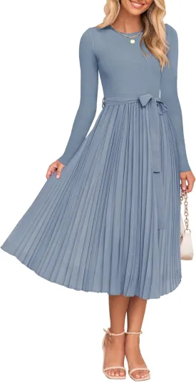 ZESICA Women's Fall Long Sleeve Midi Dress Casual Crewneck Knit Belted Pleated A Line Flowy Party Dresses