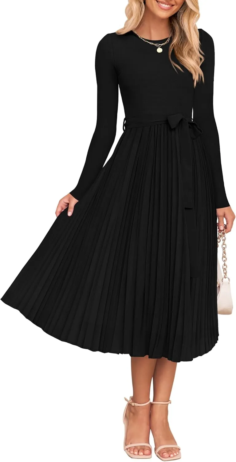 ZESICA Women's Fall Long Sleeve Midi Dress Casual Crewneck Knit Belted Pleated A Line Flowy Party Dresses
