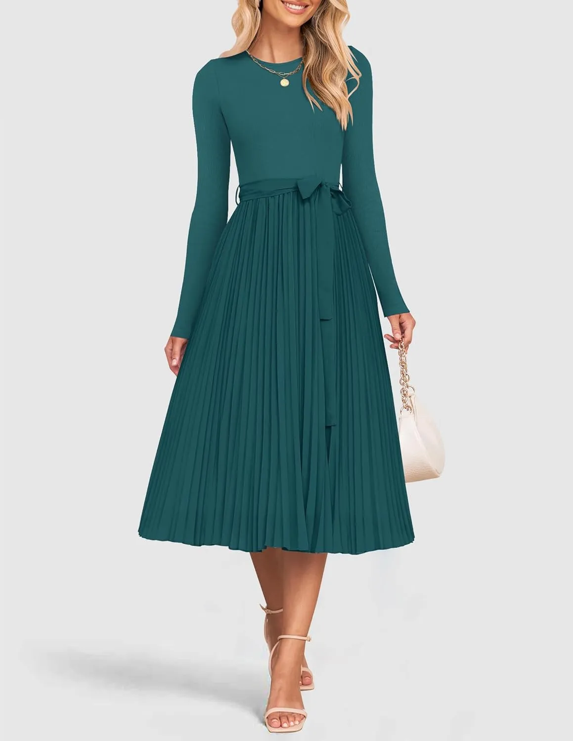 ZESICA Women's Fall Long Sleeve Midi Dress Casual Crewneck Knit Belted Pleated A Line Flowy Party Dresses