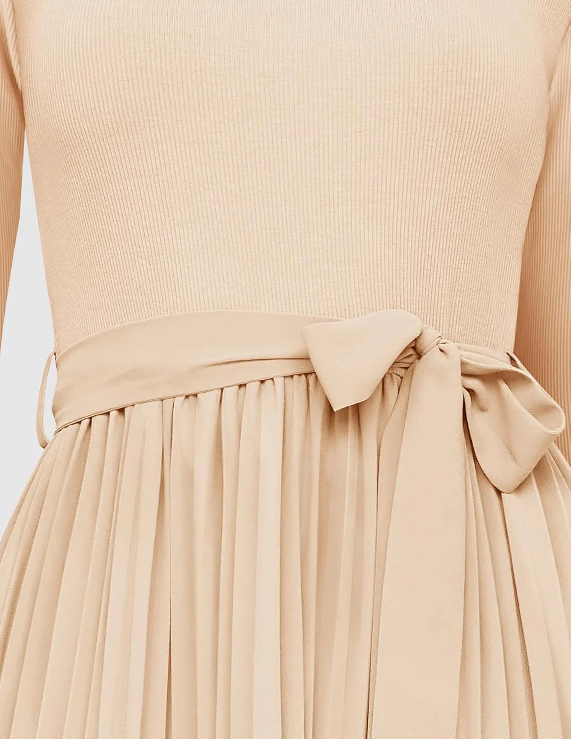 ZESICA Women's Fall Long Sleeve Midi Dress Casual Crewneck Knit Belted Pleated A Line Flowy Party Dresses