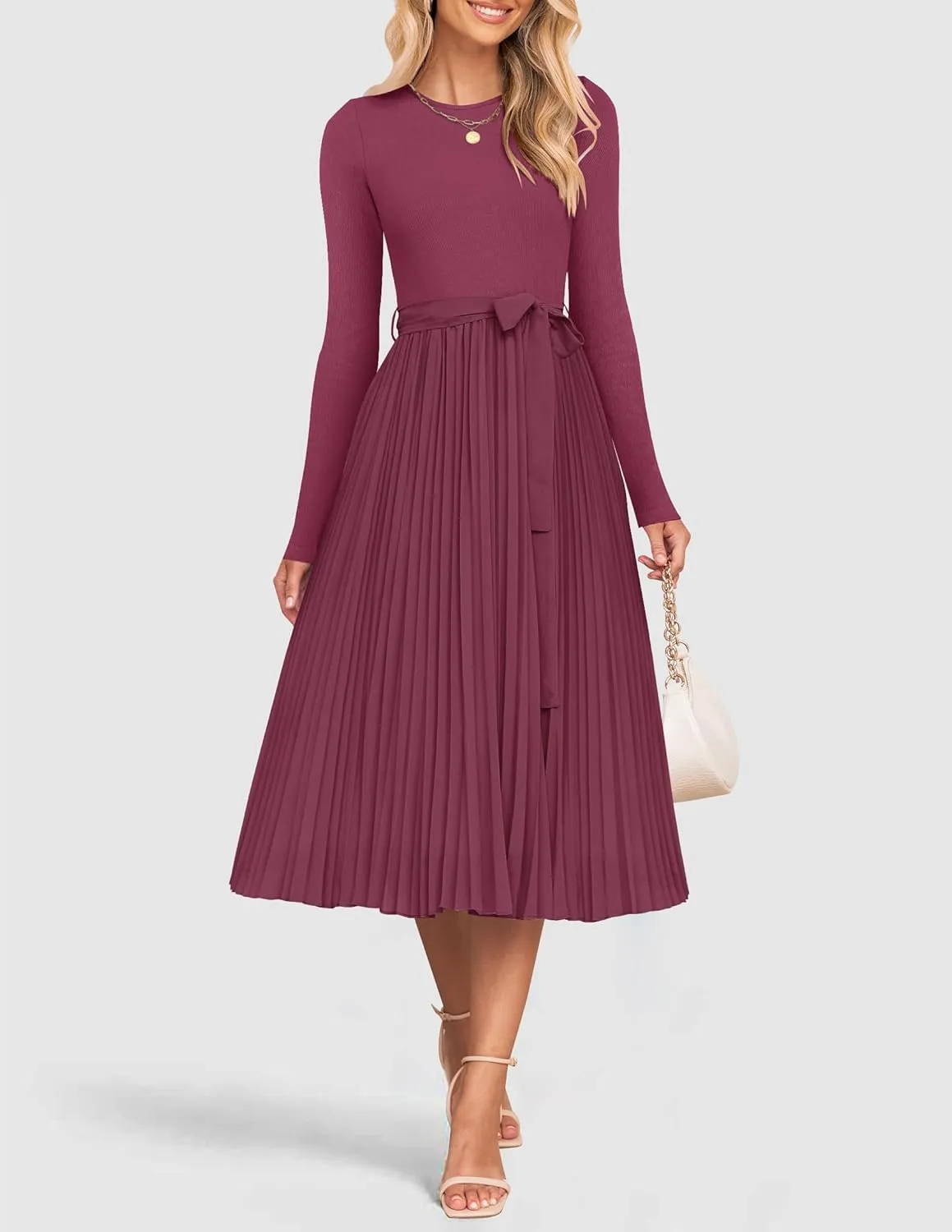 ZESICA Women's Fall Long Sleeve Midi Dress Casual Crewneck Knit Belted Pleated A Line Flowy Party Dresses
