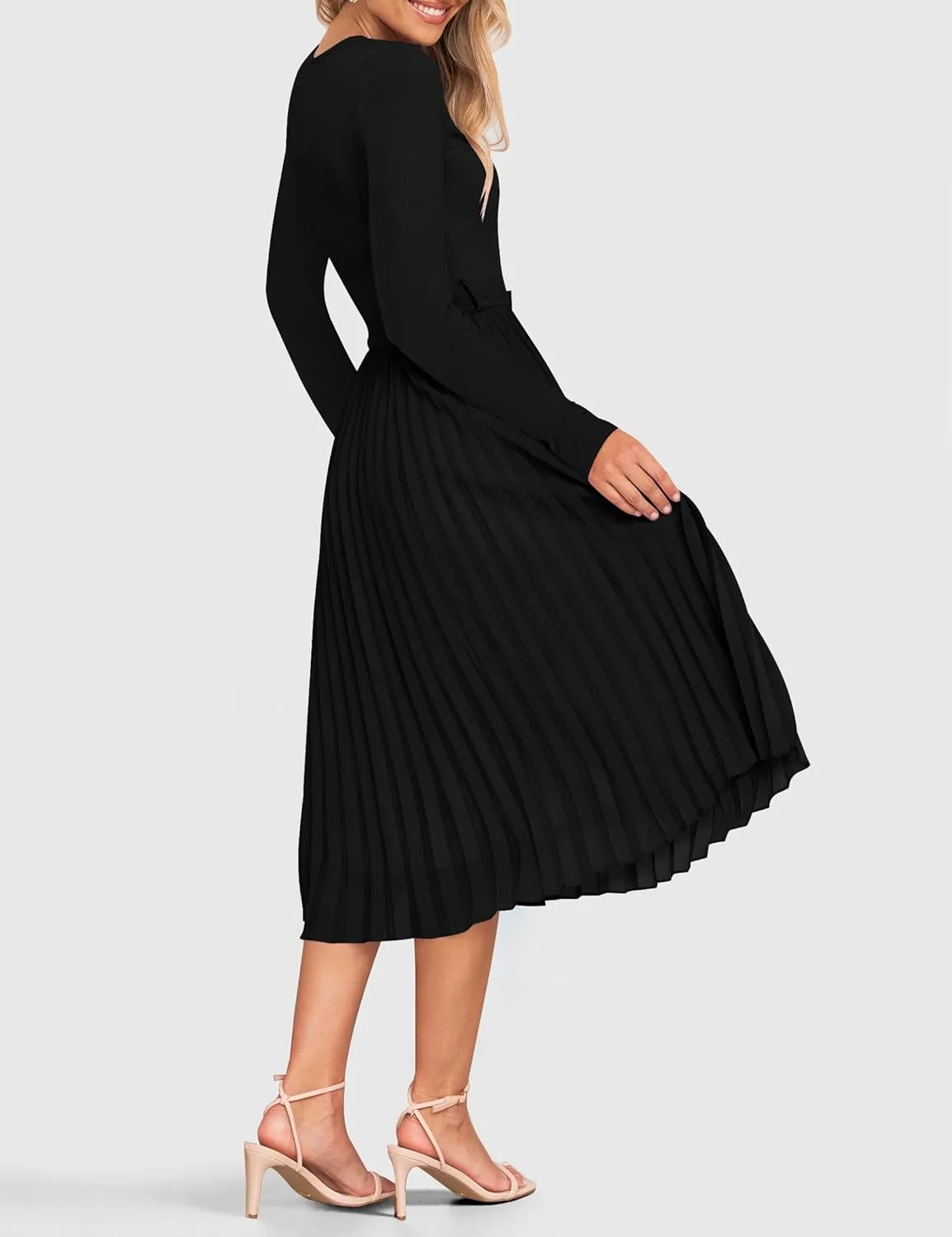 ZESICA Women's Fall Long Sleeve Midi Dress Casual Crewneck Knit Belted Pleated A Line Flowy Party Dresses