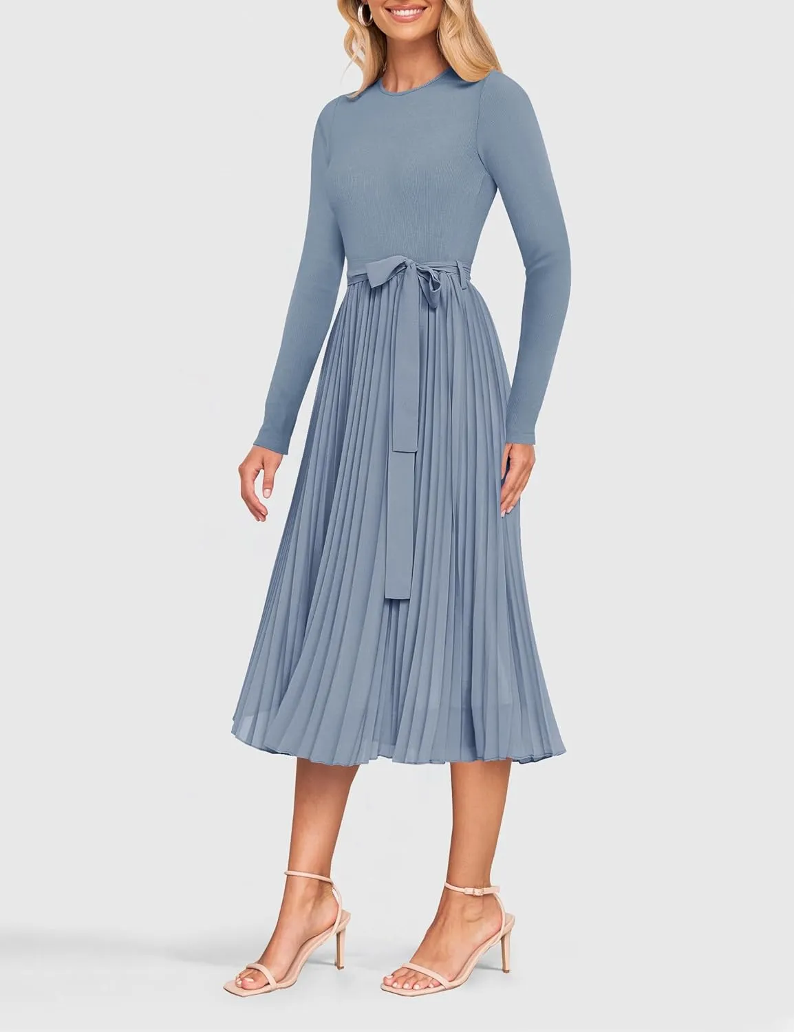 ZESICA Women's Fall Long Sleeve Midi Dress Casual Crewneck Knit Belted Pleated A Line Flowy Party Dresses