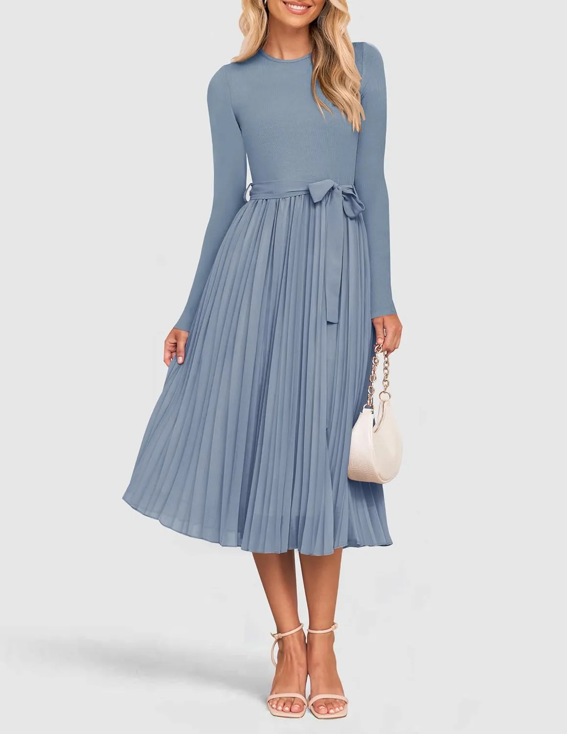 ZESICA Women's Fall Long Sleeve Midi Dress Casual Crewneck Knit Belted Pleated A Line Flowy Party Dresses