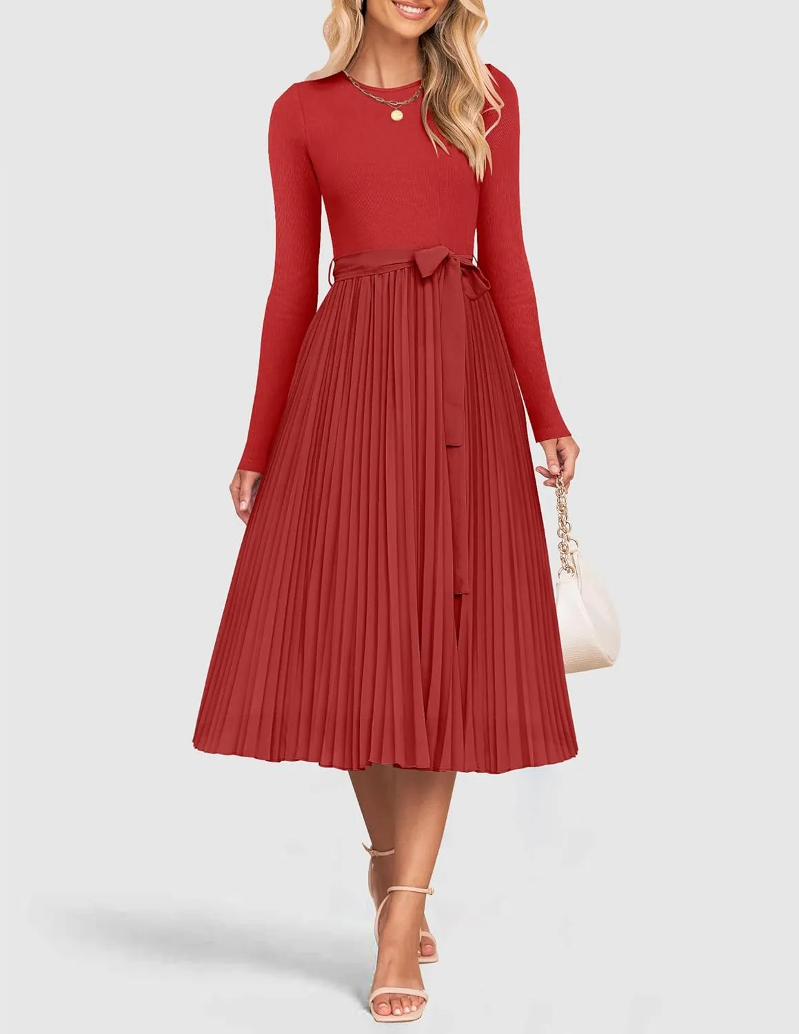 ZESICA Women's Fall Long Sleeve Midi Dress Casual Crewneck Knit Belted Pleated A Line Flowy Party Dresses