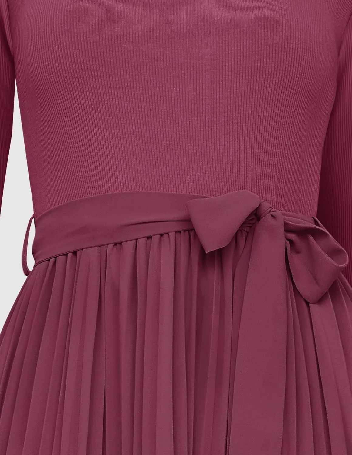 ZESICA Women's Fall Long Sleeve Midi Dress Casual Crewneck Knit Belted Pleated A Line Flowy Party Dresses