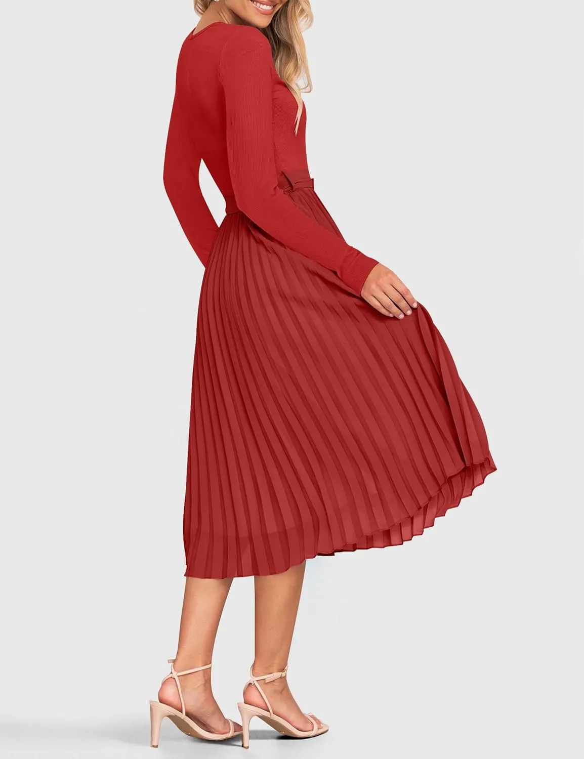 ZESICA Women's Fall Long Sleeve Midi Dress Casual Crewneck Knit Belted Pleated A Line Flowy Party Dresses