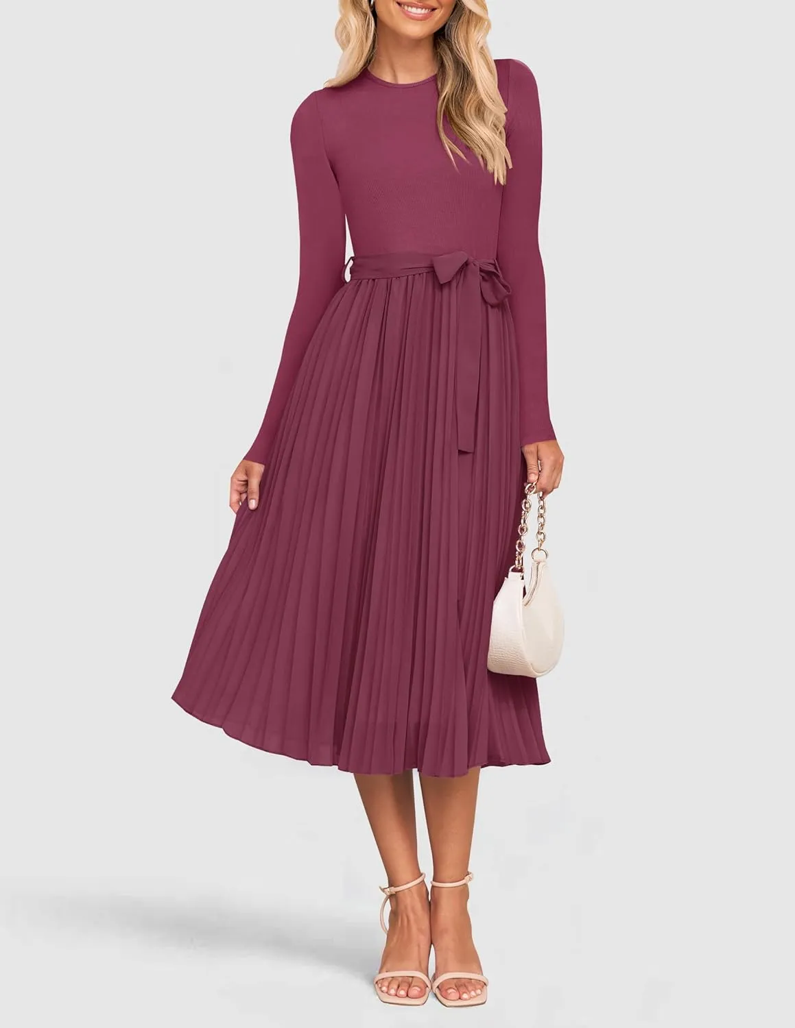 ZESICA Women's Fall Long Sleeve Midi Dress Casual Crewneck Knit Belted Pleated A Line Flowy Party Dresses