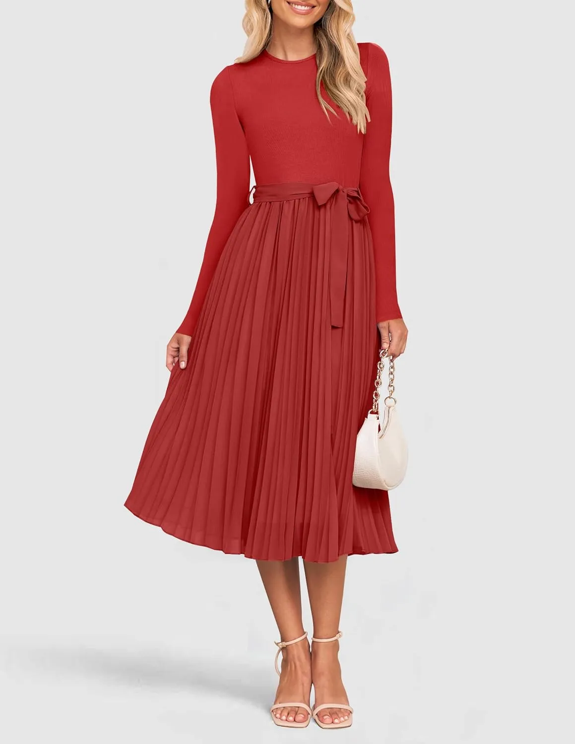 ZESICA Women's Fall Long Sleeve Midi Dress Casual Crewneck Knit Belted Pleated A Line Flowy Party Dresses