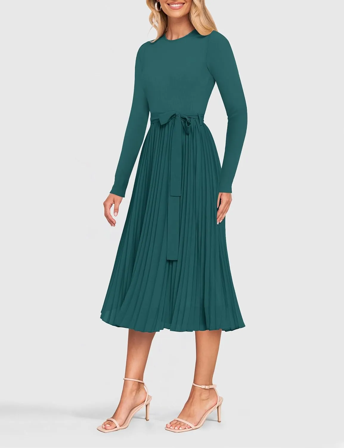 ZESICA Women's Fall Long Sleeve Midi Dress Casual Crewneck Knit Belted Pleated A Line Flowy Party Dresses