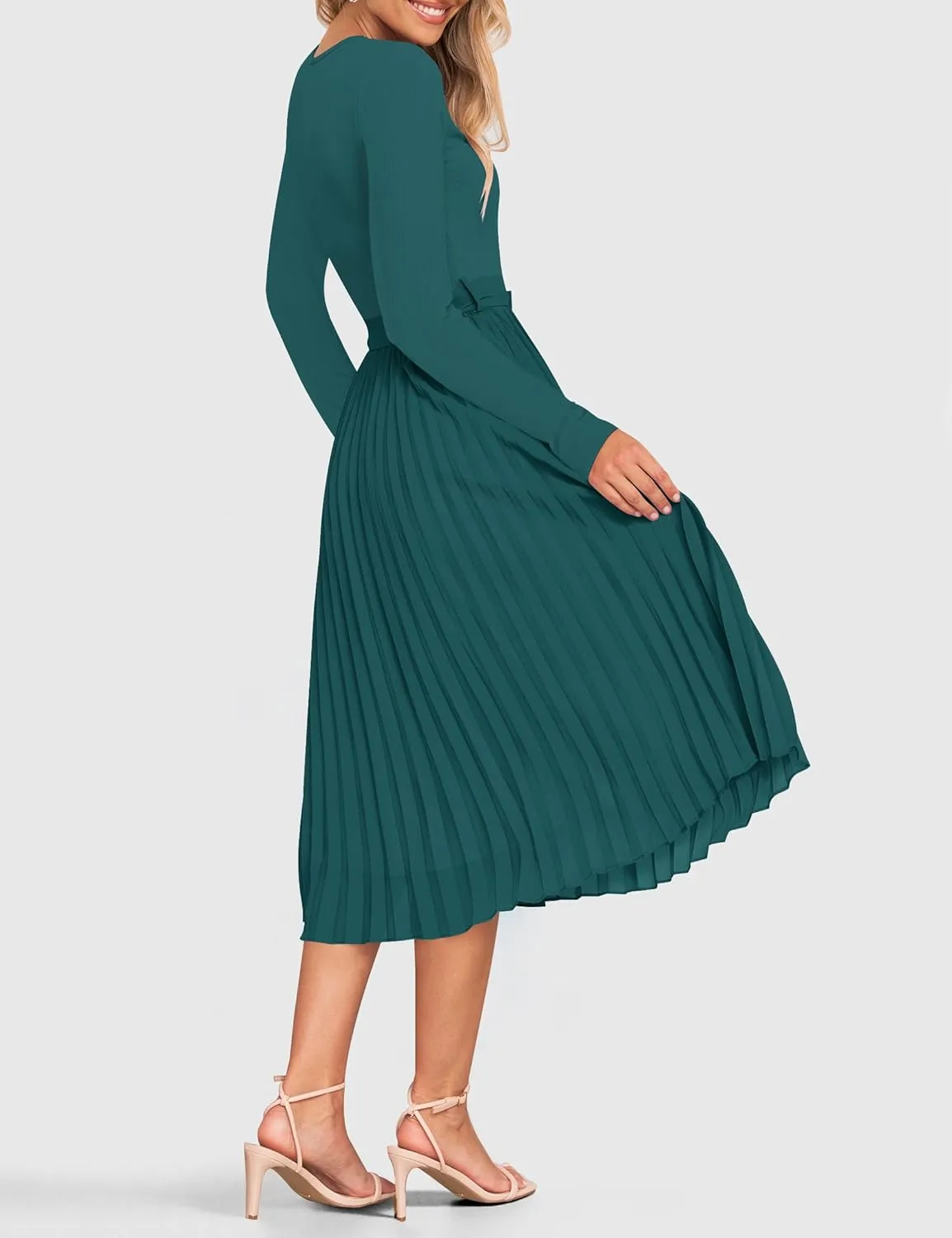 ZESICA Women's Fall Long Sleeve Midi Dress Casual Crewneck Knit Belted Pleated A Line Flowy Party Dresses