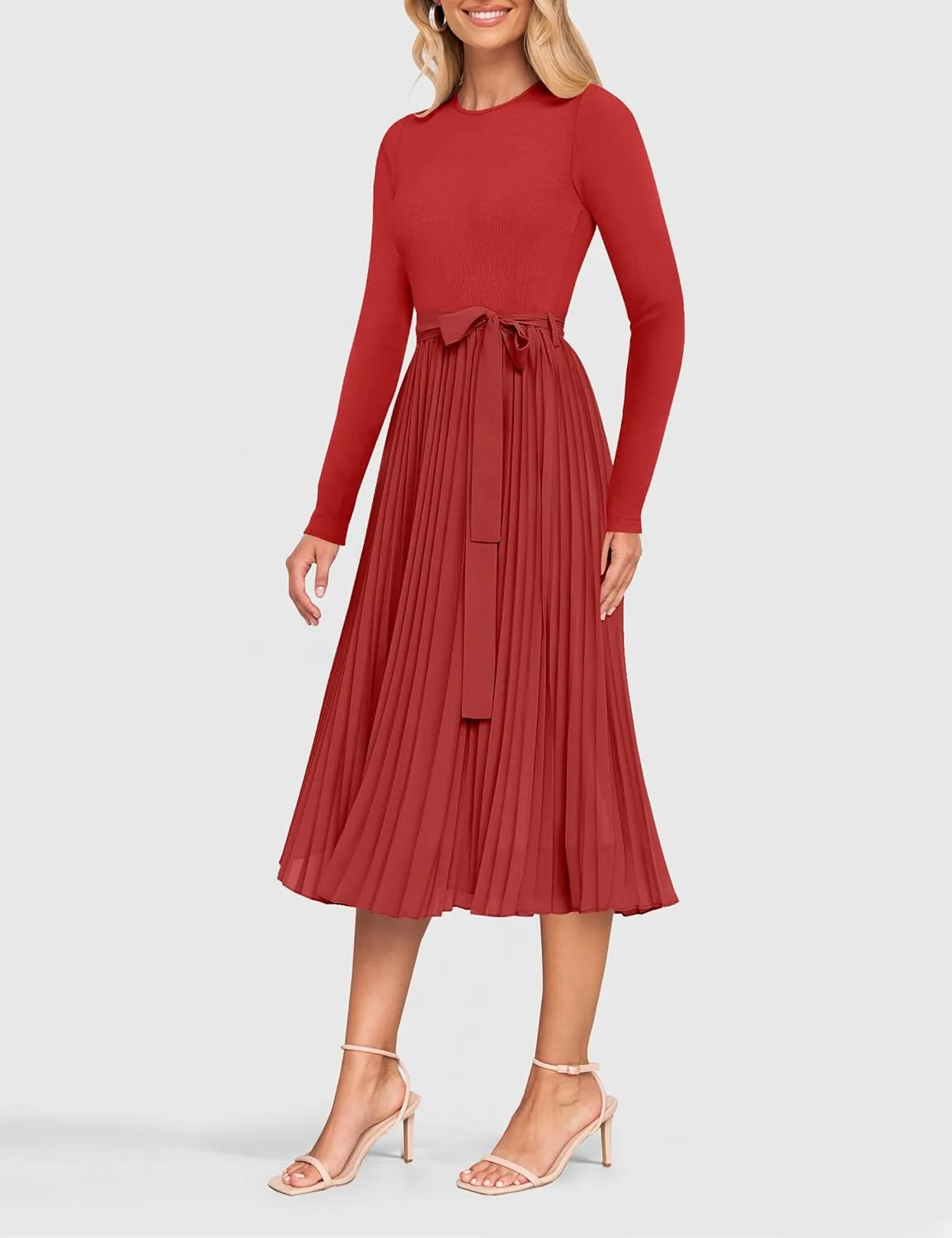 ZESICA Women's Fall Long Sleeve Midi Dress Casual Crewneck Knit Belted Pleated A Line Flowy Party Dresses