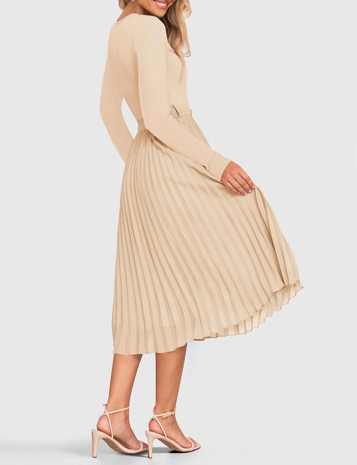 ZESICA Women's Fall Long Sleeve Midi Dress Casual Crewneck Knit Belted Pleated A Line Flowy Party Dresses