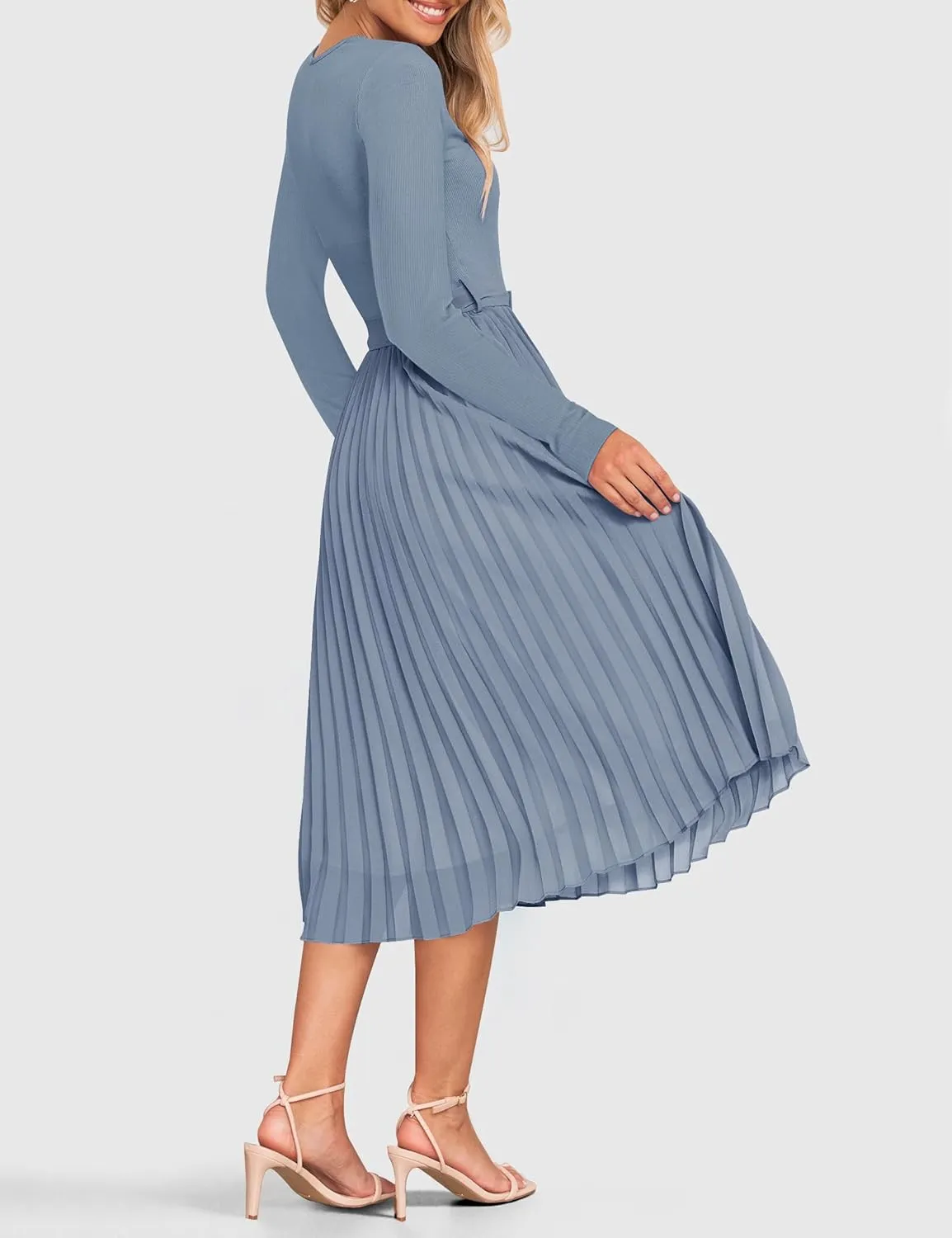 ZESICA Women's Fall Long Sleeve Midi Dress Casual Crewneck Knit Belted Pleated A Line Flowy Party Dresses
