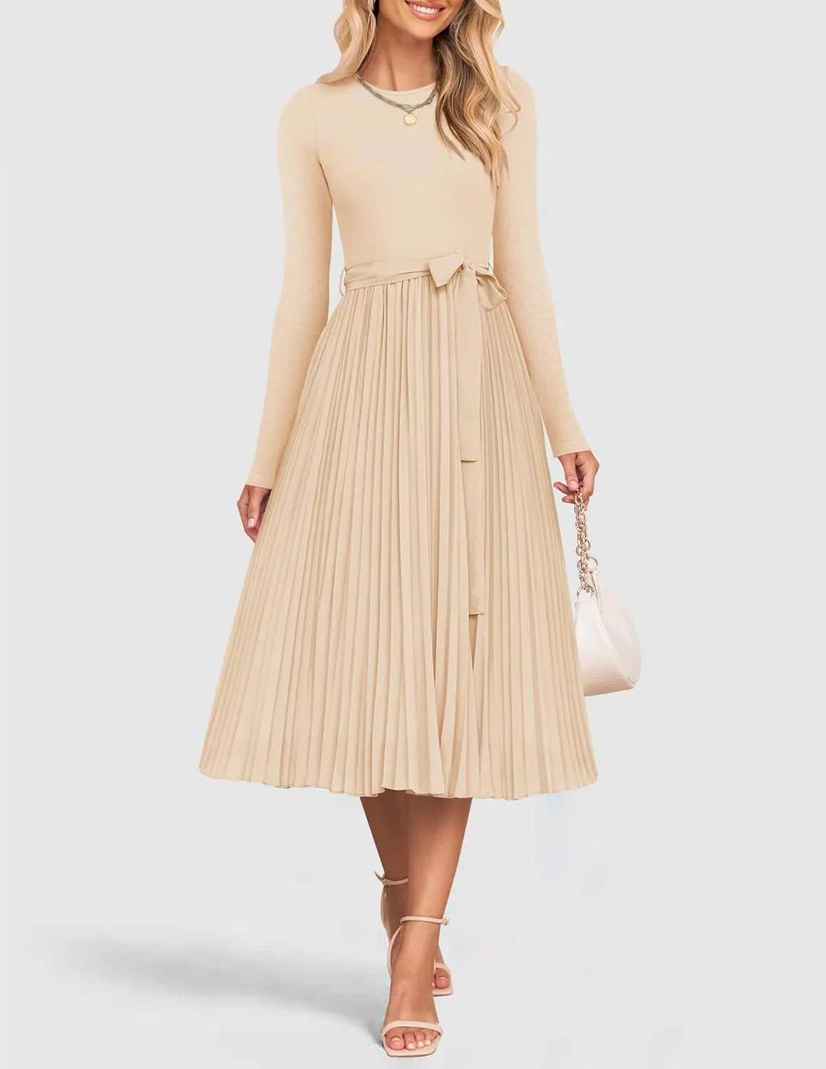 ZESICA Women's Fall Long Sleeve Midi Dress Casual Crewneck Knit Belted Pleated A Line Flowy Party Dresses