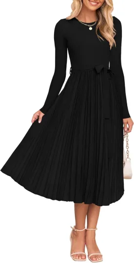 ZESICA Women's Fall Long Sleeve Midi Dress Casual Crewneck Knit Belted Pleated A Line Flowy Party Dresses