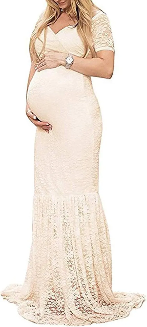 ZIUMUDY Womens Off Shoulder Short Sleeve V Neck Lace Maternity Gown Maxi Photography Dress