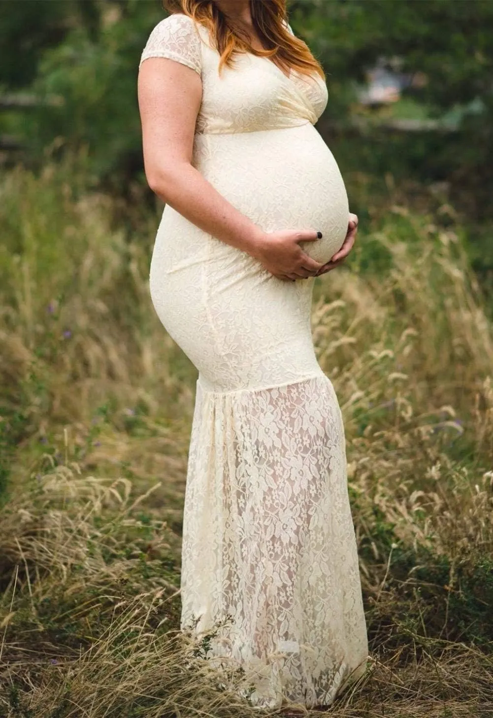 ZIUMUDY Womens Off Shoulder Short Sleeve V Neck Lace Maternity Gown Maxi Photography Dress