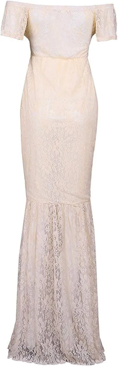ZIUMUDY Womens Off Shoulder Short Sleeve V Neck Lace Maternity Gown Maxi Photography Dress