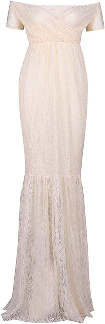ZIUMUDY Womens Off Shoulder Short Sleeve V Neck Lace Maternity Gown Maxi Photography Dress
